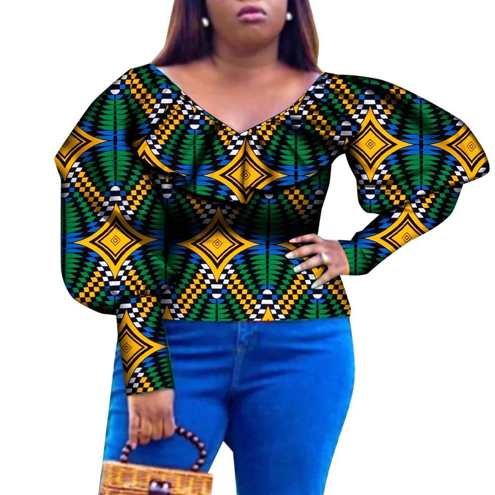 African Women Top Spring Fall Long Sleeve Blouse V-Necklace Ankara Shirt Blouse Plus Size Clothing for Women WY8922