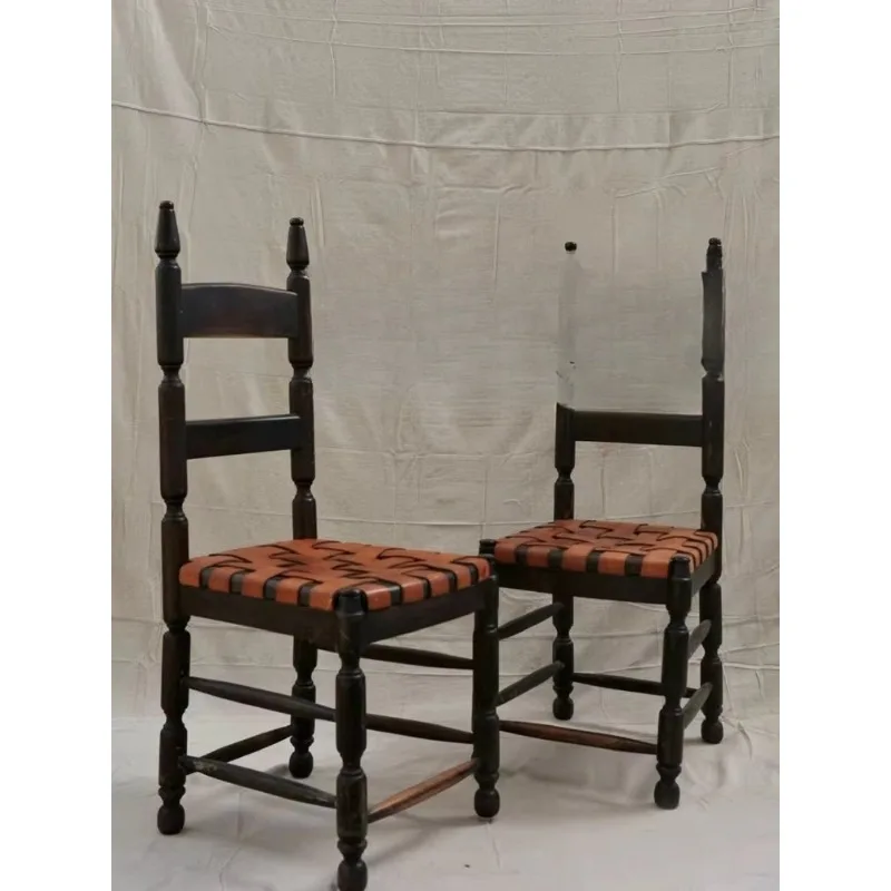 Solid wood high-back dining chair Saddle leather woven back chair Household book chair Vintage furniture