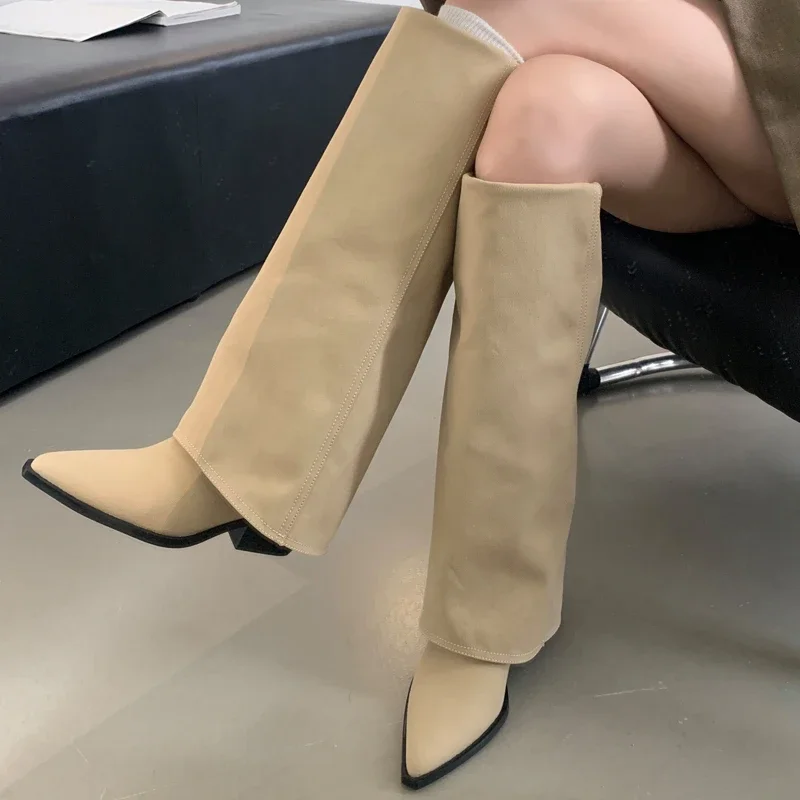 Eilyken Lente Herfst Puntige Neus Kniehoge Laarzen Vrouwen Designer Vintage Vierkante Lage Hakken Schoenen Moderne Lange Botas Para Mujer
