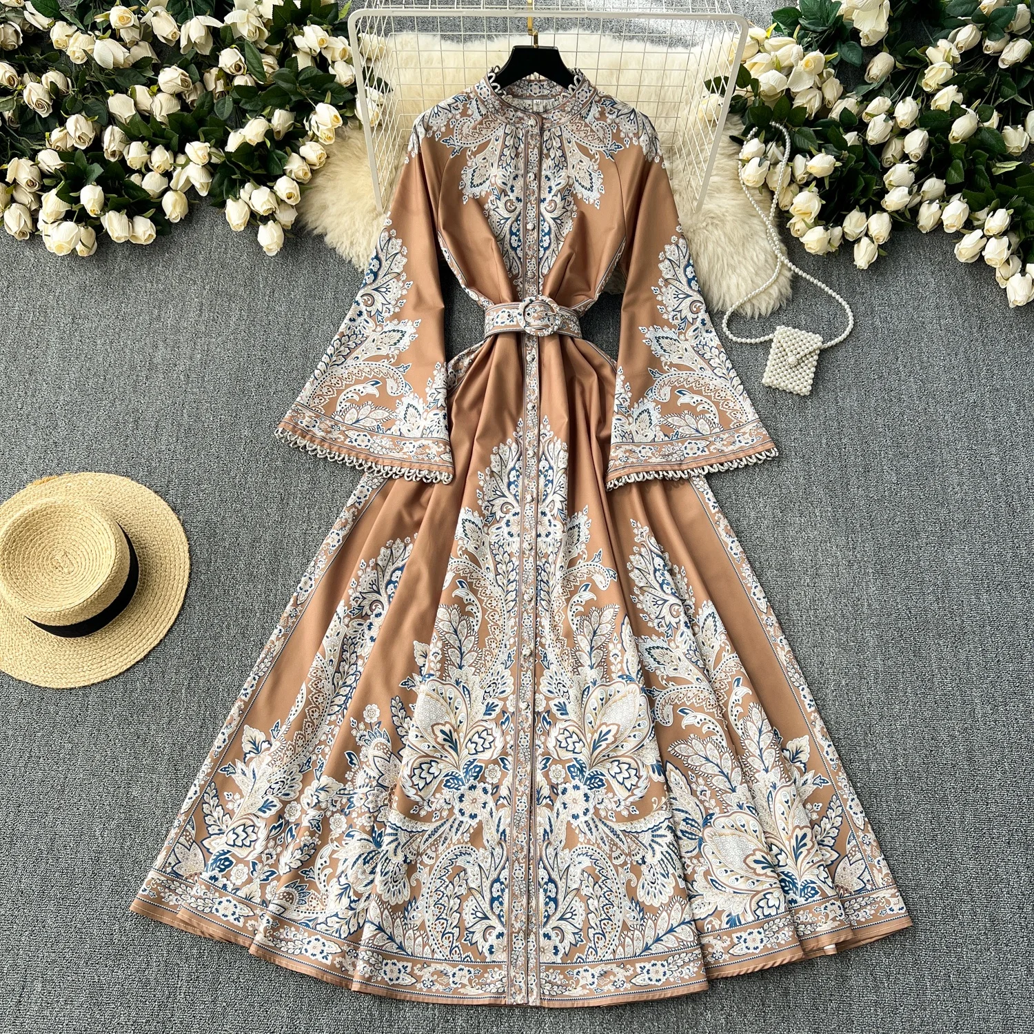 Clothland Sweet Paisley Print Maxi Dress Flare Sleeve Single Breasted Belt One Piece Retro Long Dresses Vestido Mujer QD578