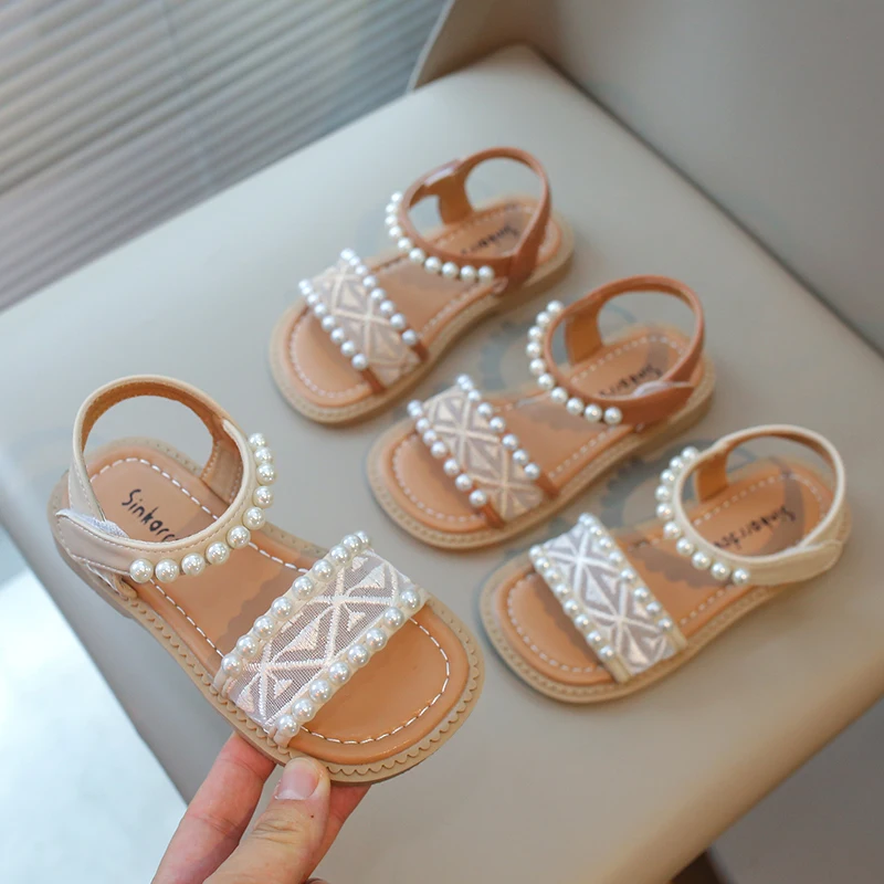 Girls Sandals Kids Summer Shoes Children's Beach Sandals with Pearls Princess Sweet Anti-slippery Open Toes Lace Chic Beading