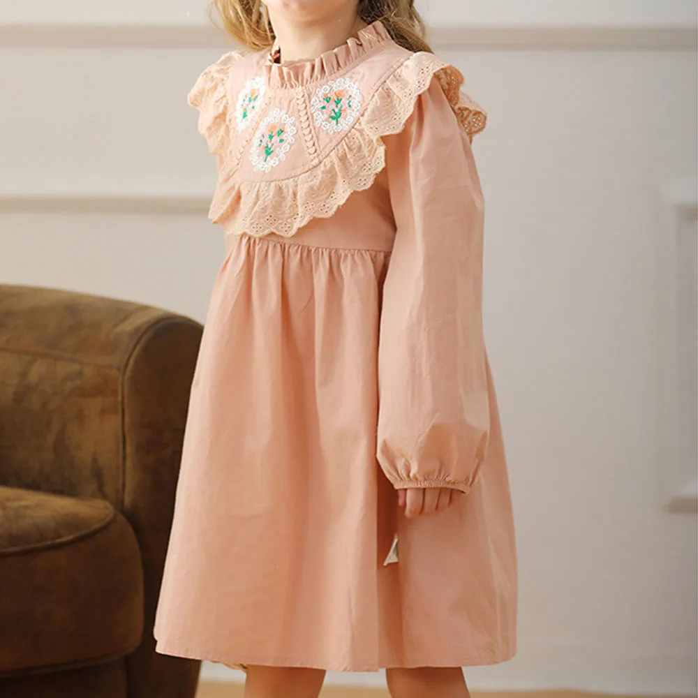 Baby Girl Dress Vintage Floral Embroidery Stand-Up Collar Autumn Clothing For Children Princess Dress Loose Kids Casual Dress