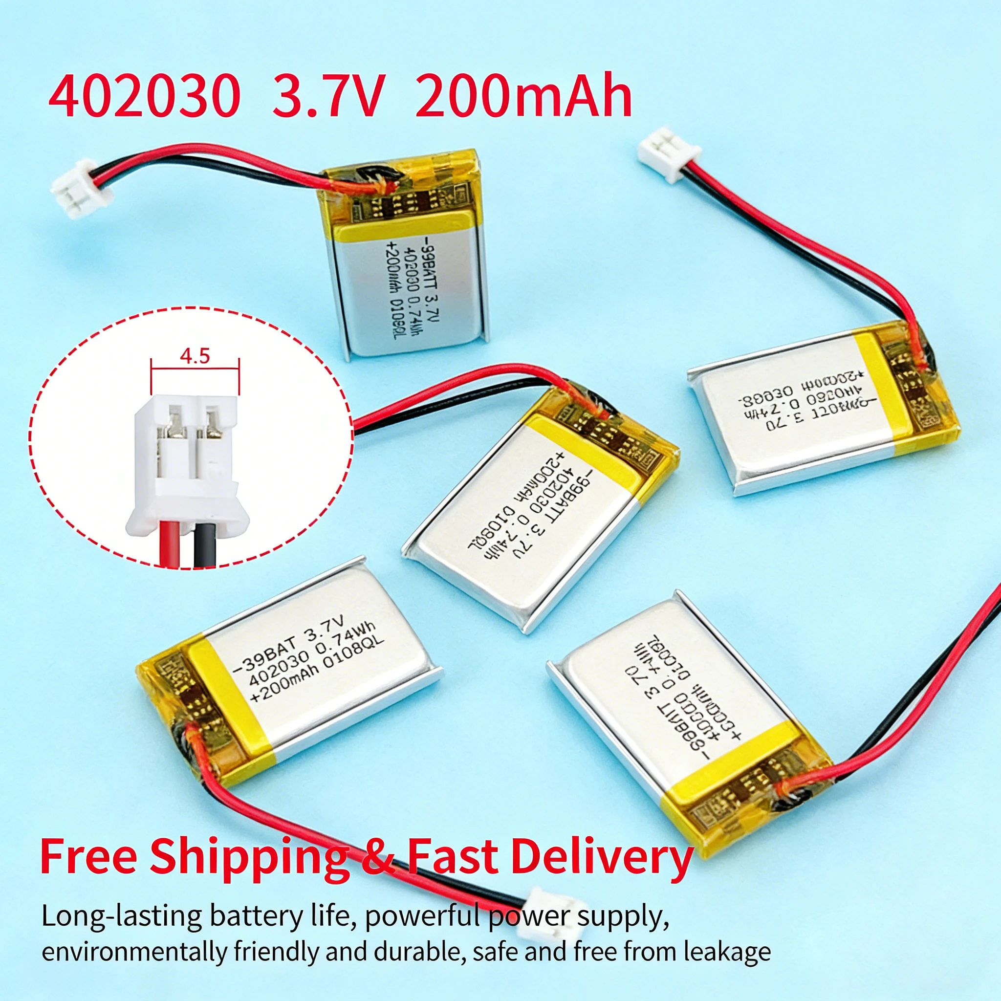 

10Pcs 3.7V 200mAh 402030 502030 Lipo Battery, Rechargeable Lithium Polymer Cell for Wireless Headset, Smart Watch, Web Camera