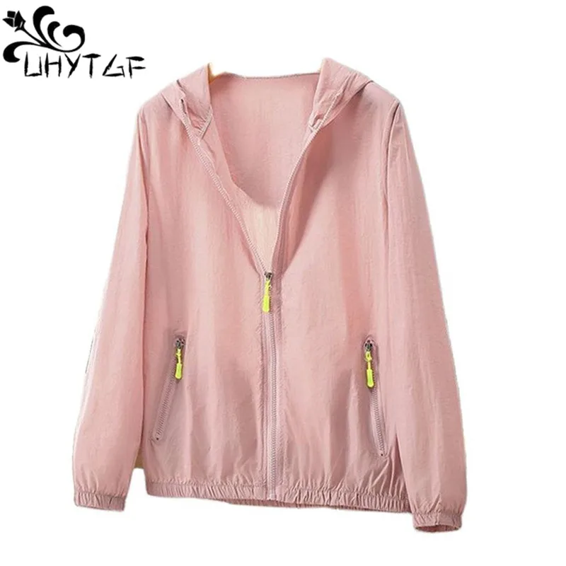 

UHYTGF Jacket Women's Couple Fashion Ice Silk Breathable Summer Sun Protection Clothes Female Coat Hooded Thin Outewear 7XL 2625