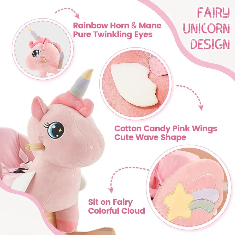 Cheval à bascule licorne pour bébé, cheval à bascule licorne féerique rose pour tout-petits de 6 mois à 3 ans, bascule en peluche, Ea