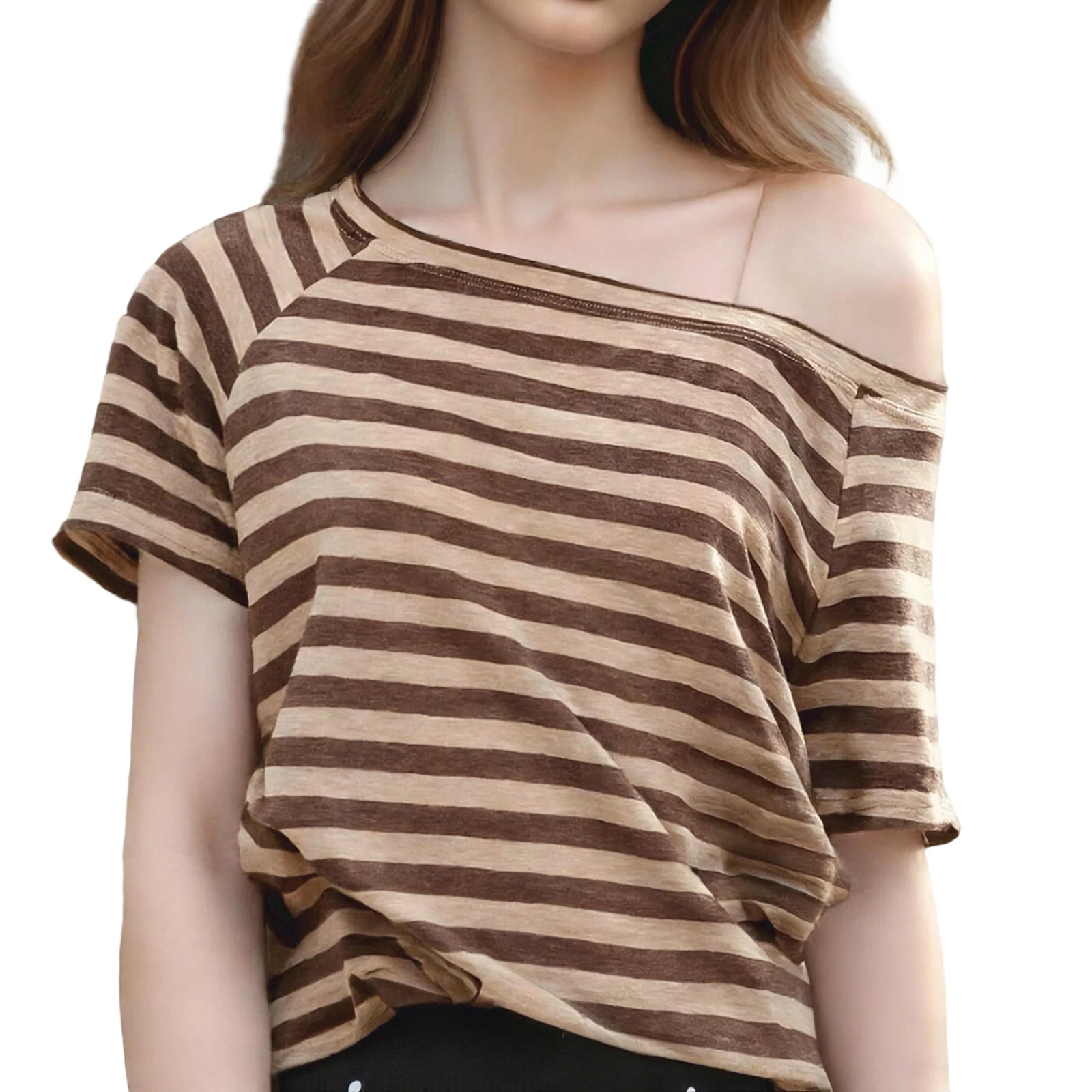 

Women's Loose Fit Tops Fashionable Striped Short Sleeve Off One Shoulder T-Shirt for Casual Daily Wear