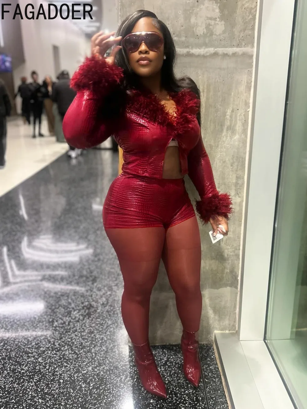 FAGADOER 冬の新ファッションゴールドスタンピングツーピース衣装女性革毛皮パッチワーククロップジャケット + パンツ女性ストリートウェア