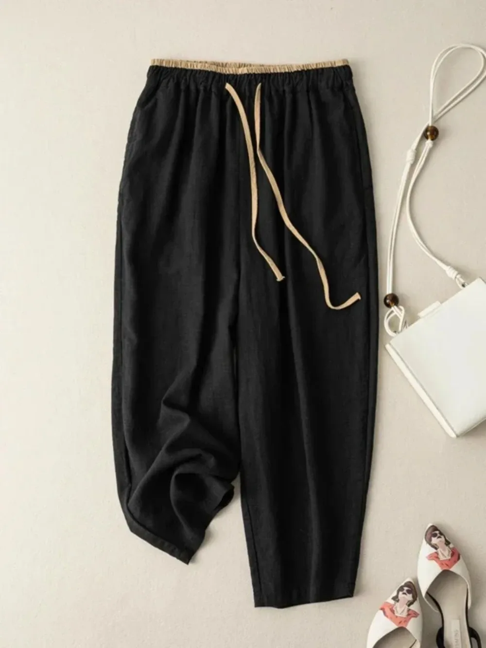 Cotton Women's Pants Y2K Black Drawstring Elastic Waist Casual Ankle-Length Pants Female Loose Fashion Elegant Ladies Bottom