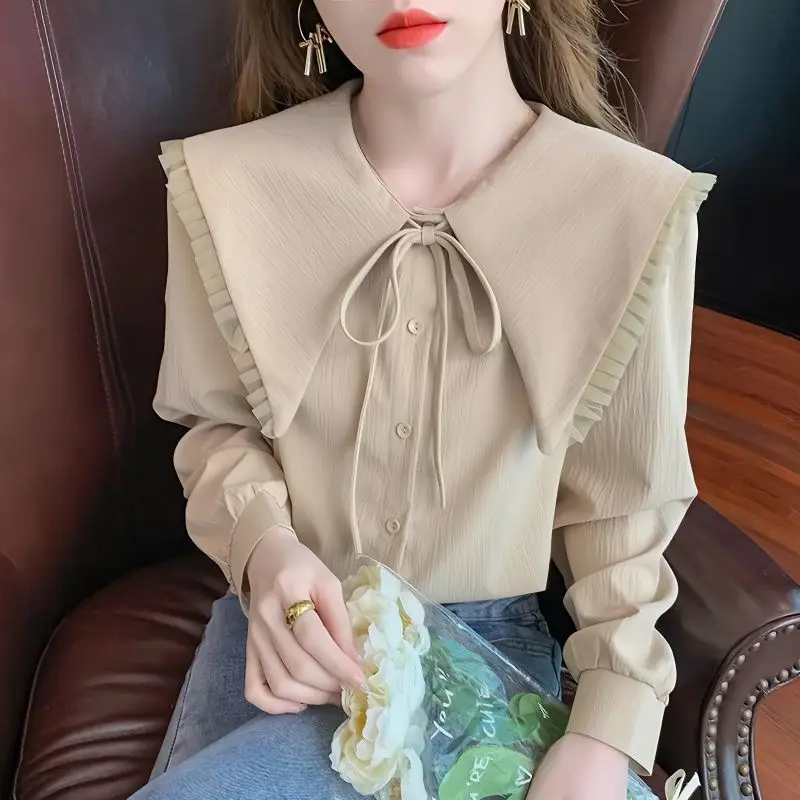 Spring And Autumn Doll Collar Simplicity Refreshing Long Sleeve Shirt Fashion Lacing Bow Single-breasted Sweet Cute Shirt Tops