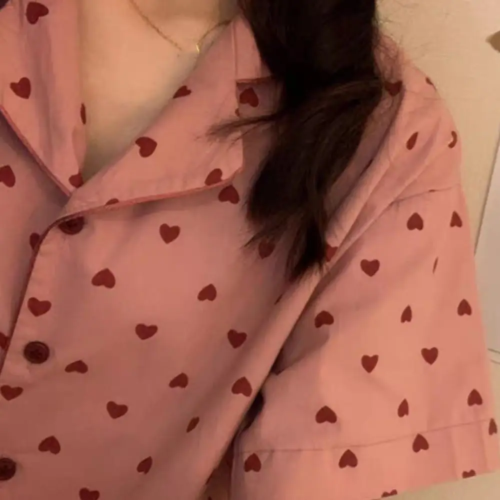 

Leopard Print Heart Pajama Suit Slim Fit V Neck Shorts Camisole Nightwear Women Sleepwear Short Sleeve Two Pieces Sleepwear Sets