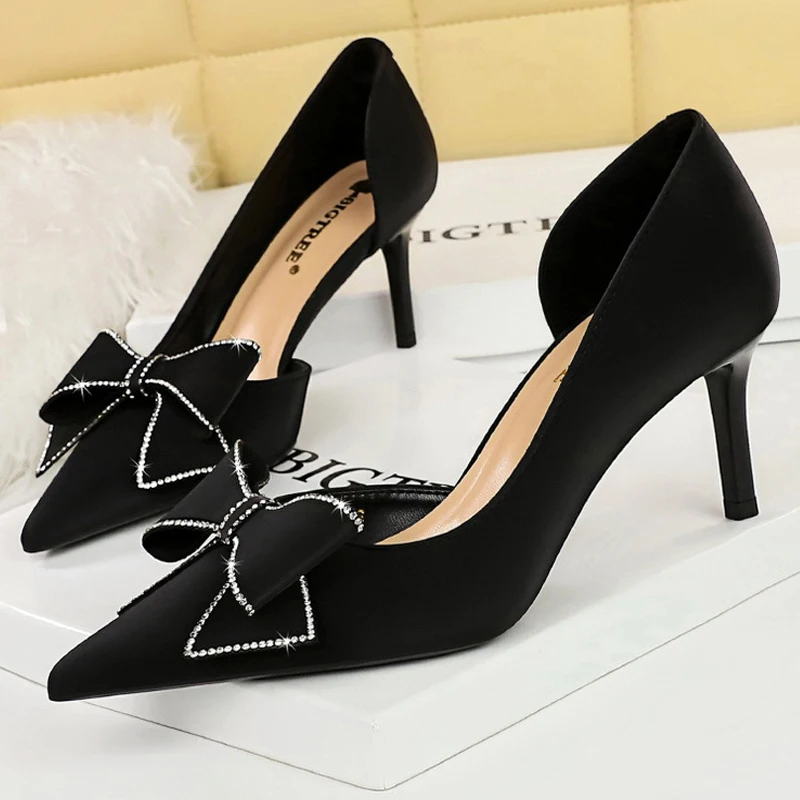 Large Size 43 Women Pumps Bowknot Kitten Heels Silk Satin Ladies Shoes Stilettos Women 7cm Heels BIGTREE Shoes Sexy High Heels