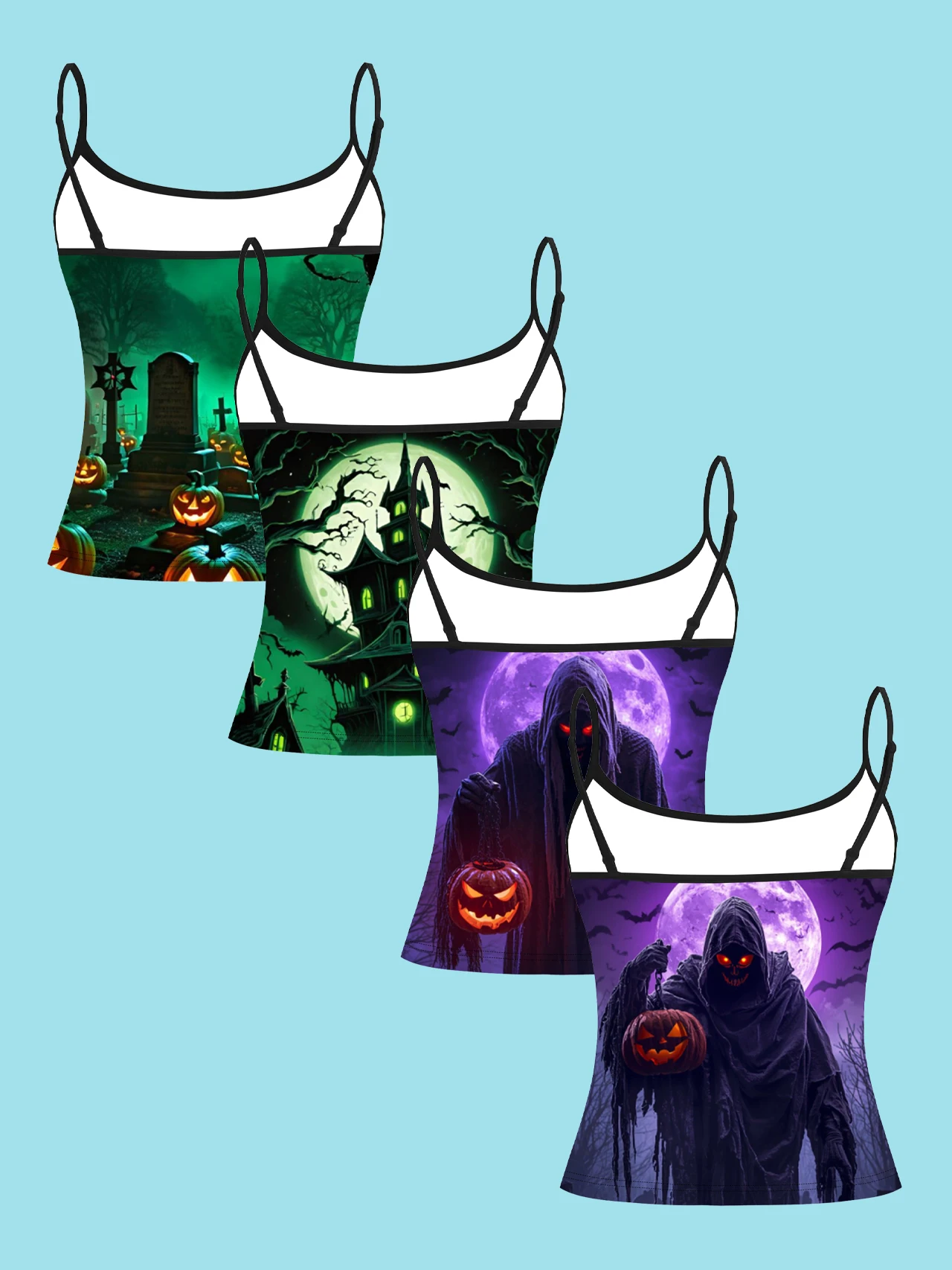4-Piece Set of Halloween Grim Reaper Haunted House Cemetery Pumpkin Lantern Print Camisole for Women, Dark Gothic Spaghetti Strap Slim-Fit Inner Top