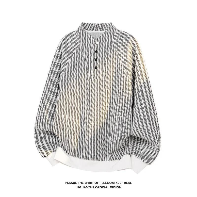 Sweater Long-sleeved T-shirt High-end Designed Buttons Stripe Color Blocking Spring New Autumn Fashionable Comfortable