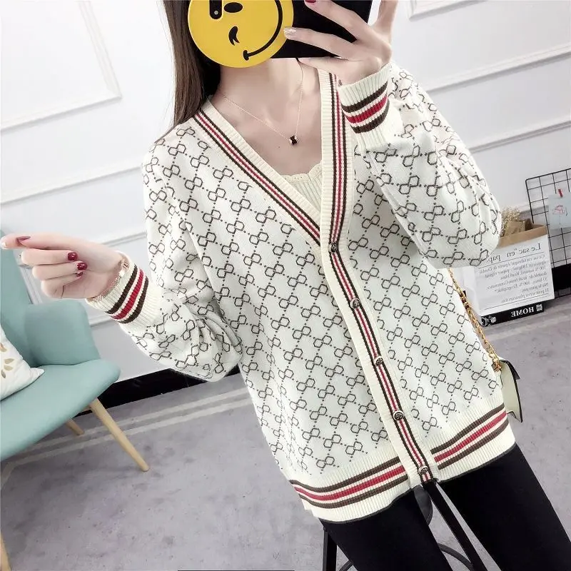 

Women's Clothing Korean Fashion Cardigan Sweater Autumn Geometric Loose Long Sleeve Knit Casual Coat Lady Versatile V-neck Tops