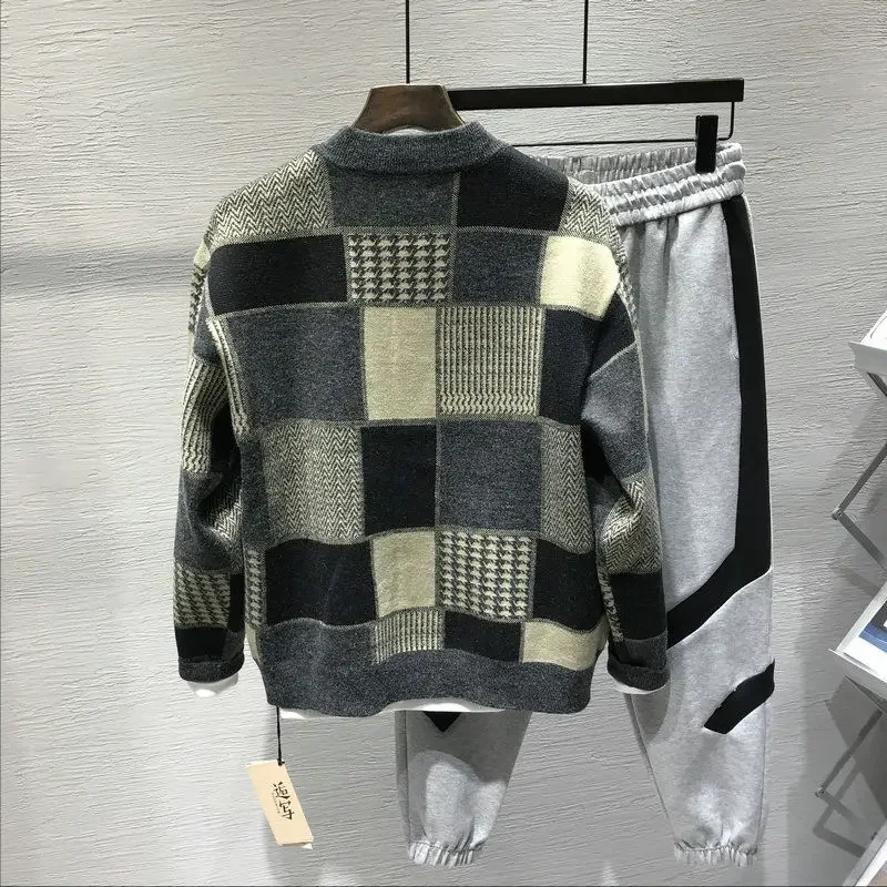 Man Clothes Collared Plaid Coat Knitted Sweaters for Men Jacket Cardigan Thick Winter S Japanese Harajuku Fashion Over Fit Knit