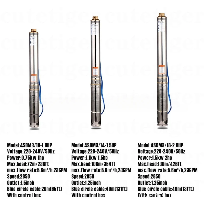 20M Cable + Contrl Box for Garden Home Agricultural Irrigation, 4 Inch 0.75KW Deep Well Pump 1HP 6500L/H Submersible Pump