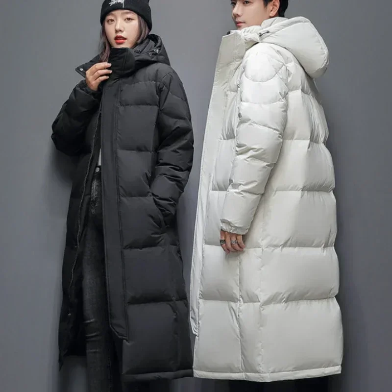 Gmiixder-Chaqueta de plumón cálida Unisex para hombre, Parkas gruesas con capucha y cremallera sólida, chaqueta acolchada Extra larga por encima de la rodilla para mujer