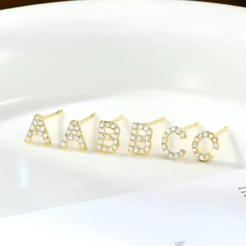 

925 Sterling Silver Needle Exquisite Letter Zircon Stud Earrings for Women Girls Cute 26 Letters Small Earrings Fashion Jewelry