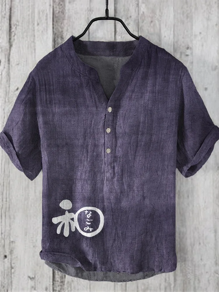 Men's Short Sleeve Tops Japanese Word Art Linen V-Neck Shirt 6 Colors V-neck Retro Casual Daily Texture Fabric Blouses Harajuku