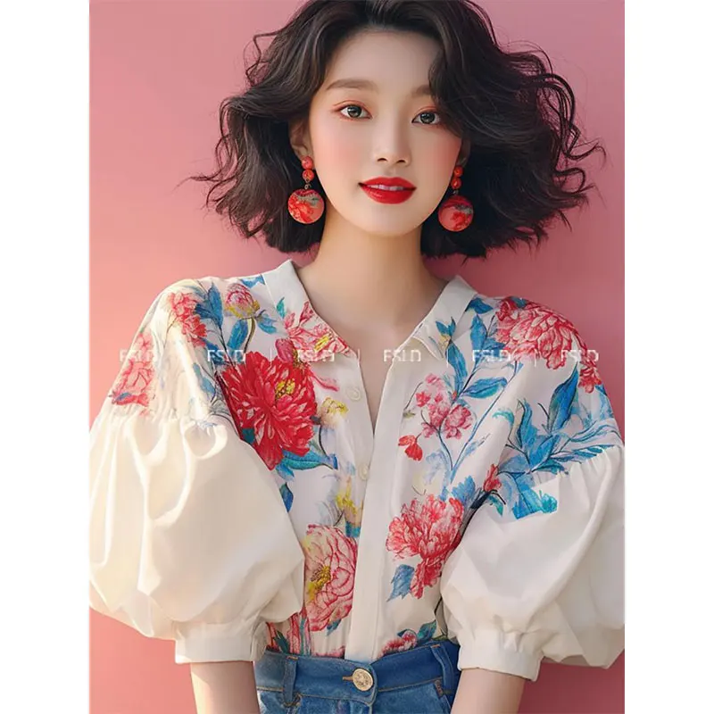 Summer Women Clothing Korean Fashion Simplicity Printing Temperament Puff Sleeve Shirts Women's Elegant Casual All-match Tops