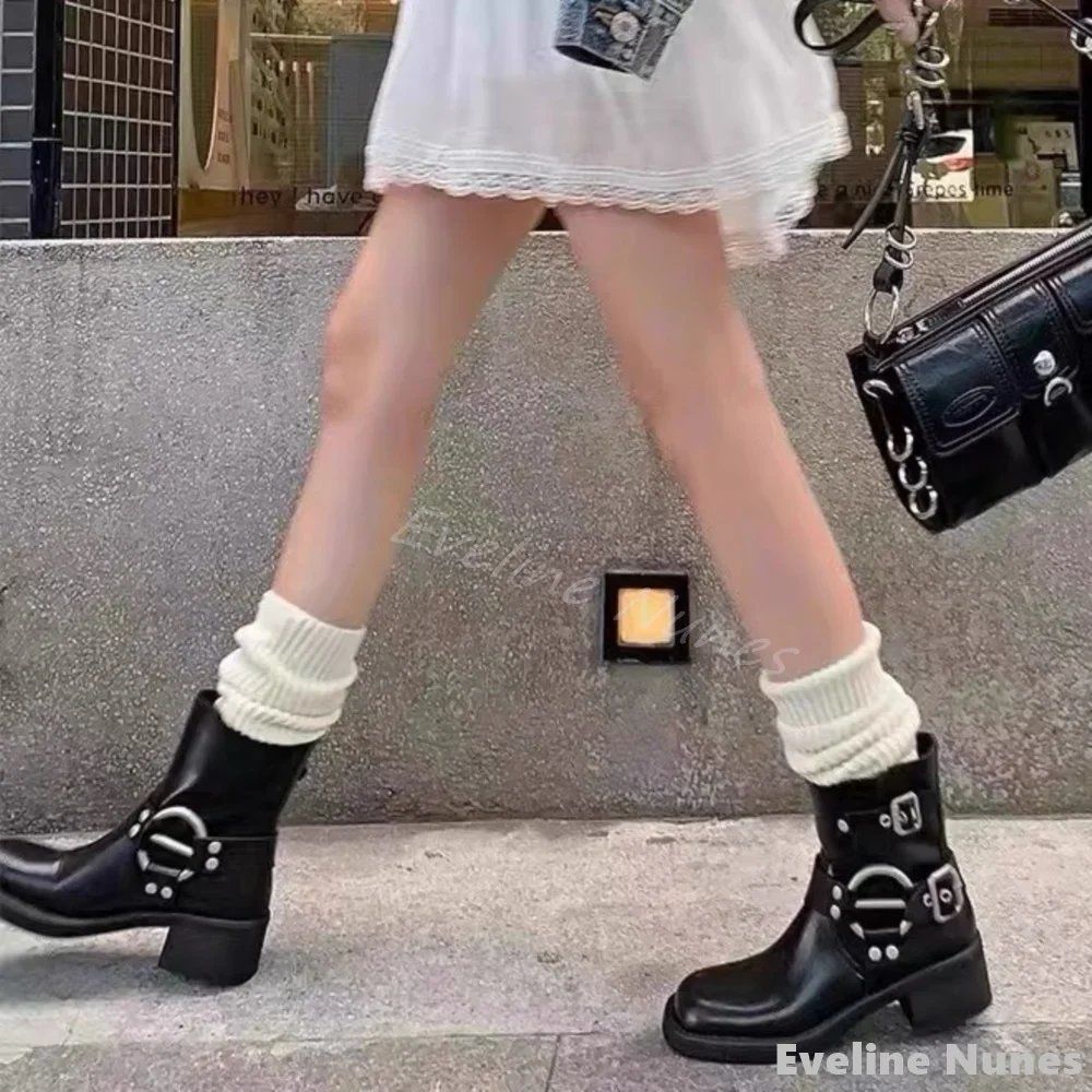 Metal Belt Buckle Round Toe Mid Calf Boots Women Retro Solid Genuine Leather Slip On Biker Boots 2024 New Fashion Western Boots