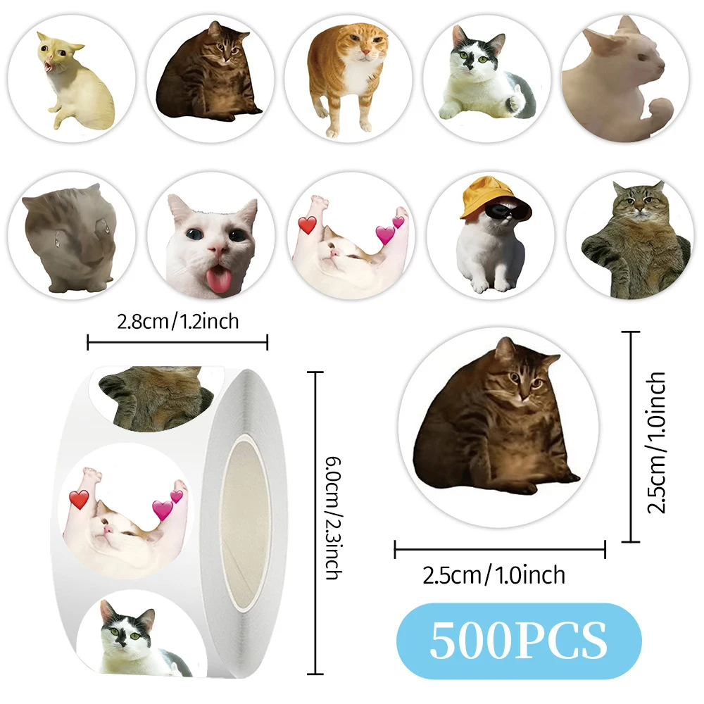 500 Stück/Rolle Lustige MEME Katzen-Aufkleber Niedliche Tier-Dekorationsaufkleber DIY Laptop Koffer Helm Aufkleber Belohnungs-Spielzeug Geschenk
