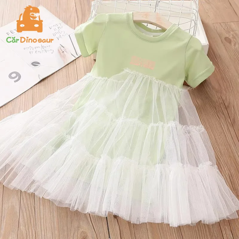 2025 Summer New 2 3 4 6 8 10 Years Princess Solid Candy Color Lace Patchwork Short Sleeve Mesh Kids Baby Girl Layered Dress