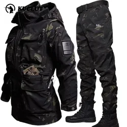 Men Winter Tactical Set Multi Pocket Hooded Jacket+straight Leg Pant 2-piece Waterproof Comfortable Soft Shell Camouflage Suits