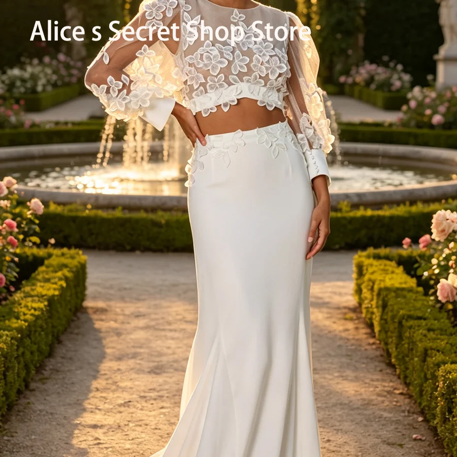 Chic O-Neck Appliquins Full Sleeve Floral Slim Straight Bride Wedding Dresses Bridal Gowns Customized