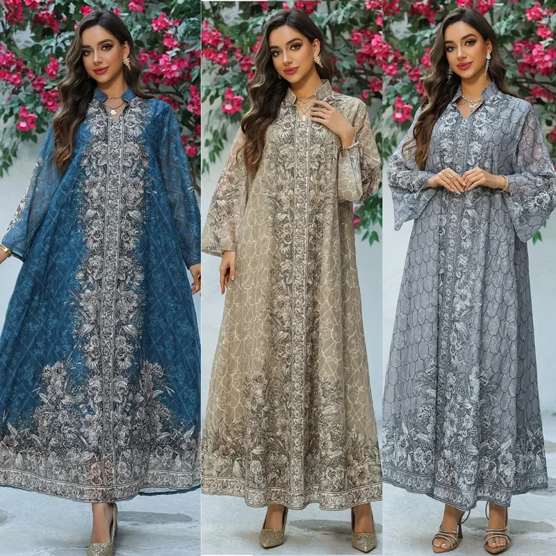 Gedrukt lang gewaad Damesmode Midden-Oosten Moslimvrouwen Etnische stijl geborduurde jurk Jalabiya Abaya