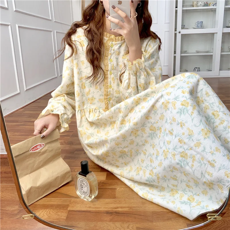 Womens Nightgowns Cotton Flower Ruffle Sleepshirts Floral Style Princess Vintage Home Dressing Gown Ladies Nightdress Sleepwear