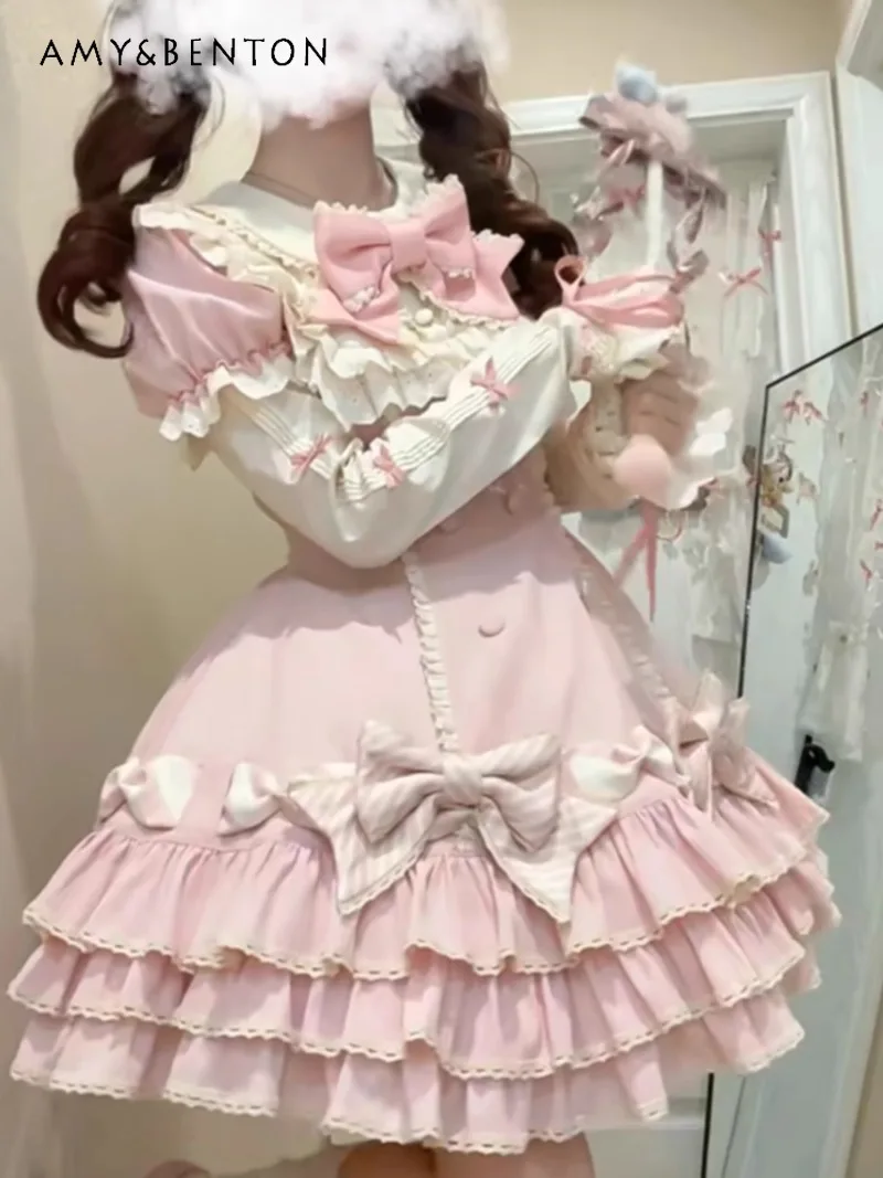 

2025 New Japanese Summer Pink Sweet Bow Waist Thin Lolita Daily Light Lo Short Sleeve Sweet and Spicy Dress For Women