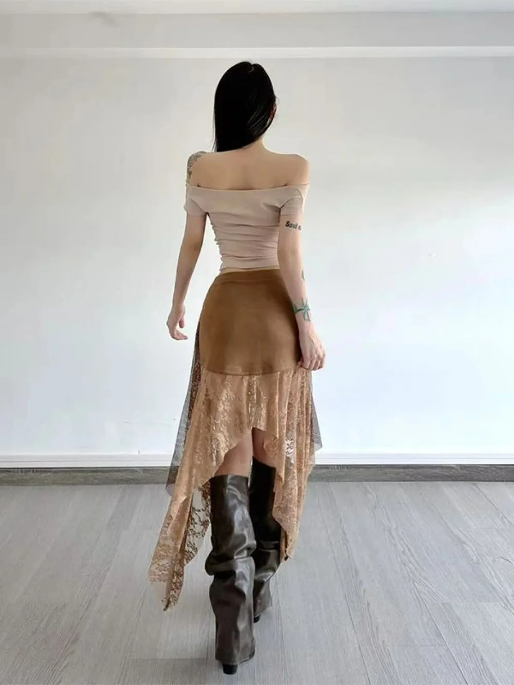 

Asymmetric Lace Panel Skirt Bodycon Midi Slip Southern Belle Aesthetic Slit Hem Versatile Autumn Skirt Meraki Elegance