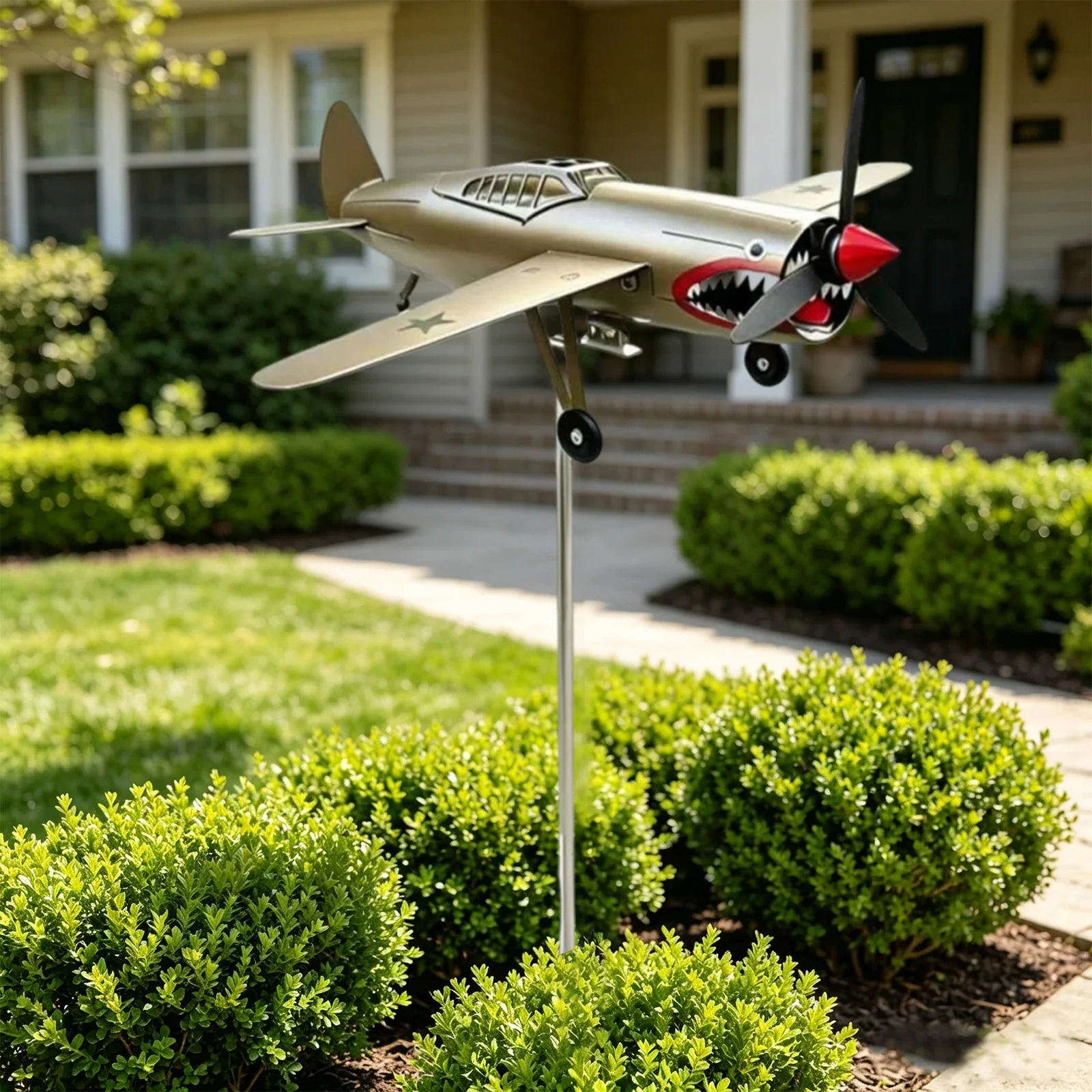 Shark Mouth Warplane Outdoor Wind Sculpture 3D Airplane Windmill Kinetic Sculpture for Yard/Garden/Decor Gifts for Flight Lovers