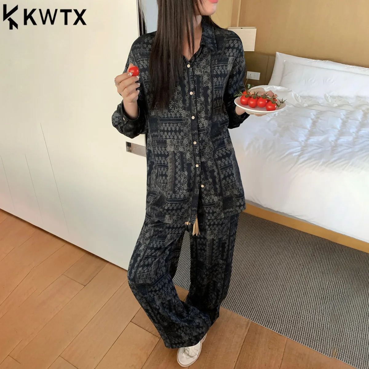 

KWTX Шикарная свободная рубашка с регулируемым рукавом и повседневный комплект брюк с бахромой, ретро принт пейсли, для похудения, дышащий, ранний осенний наряд