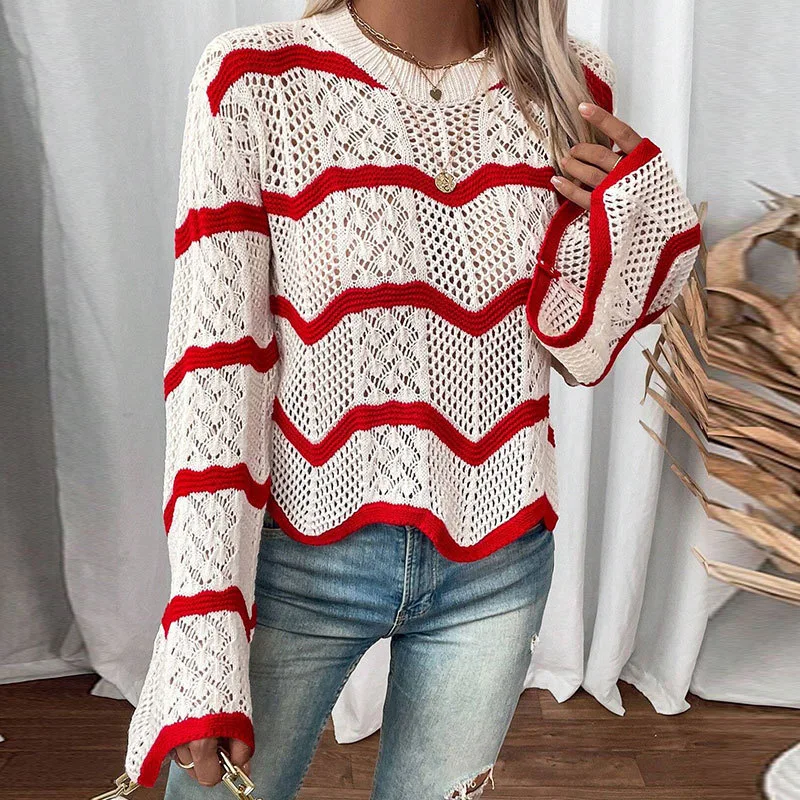 Ladies Chevron Striped Hollow Out Knit Top Bell Sleeve Crew Neck Sheer Crochet Sweater for Fall & Summer view 3