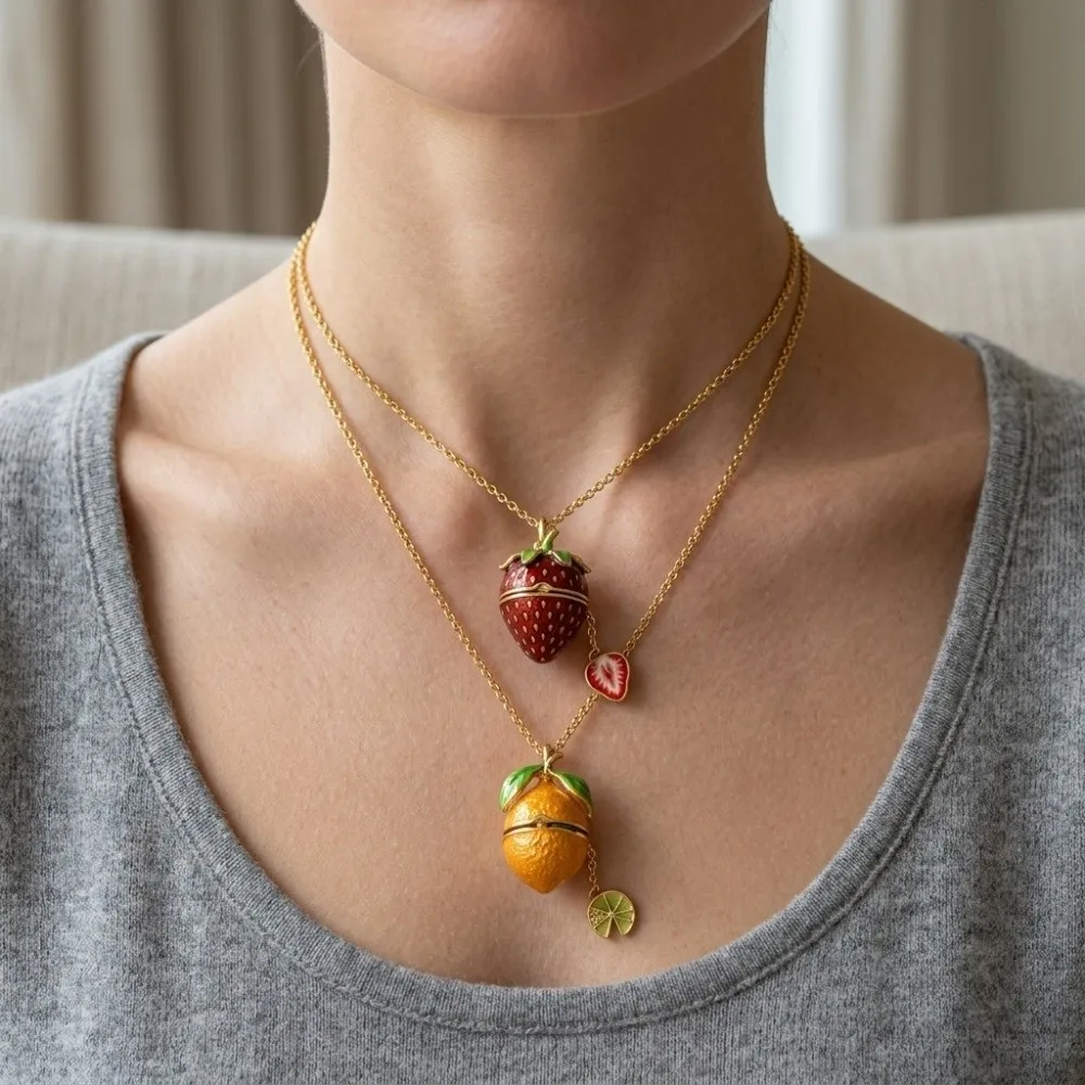 Openable Locket Pendant Necklace Lemon Strawberry Glazed Fruit Choker Blueberry Vintage Opening and Closing Lid Clavicle Chain