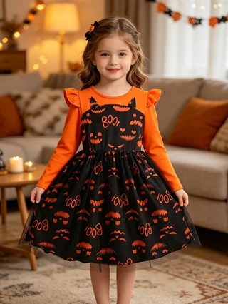 Halloween Kids Costume Princess Dress, Orange Flutter Long Sleeve Girls' Mesh Performance Dress with Pumpkin Ghost Print
