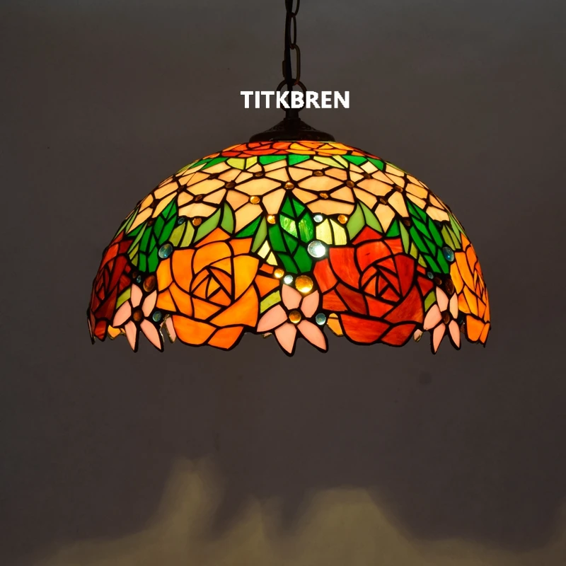Tiffany Style Pendant Light Mediterranean Baroque Art Stained Glass Hanging Lamp Kitchen Lighting Fixture Chandelier Dia 40cm