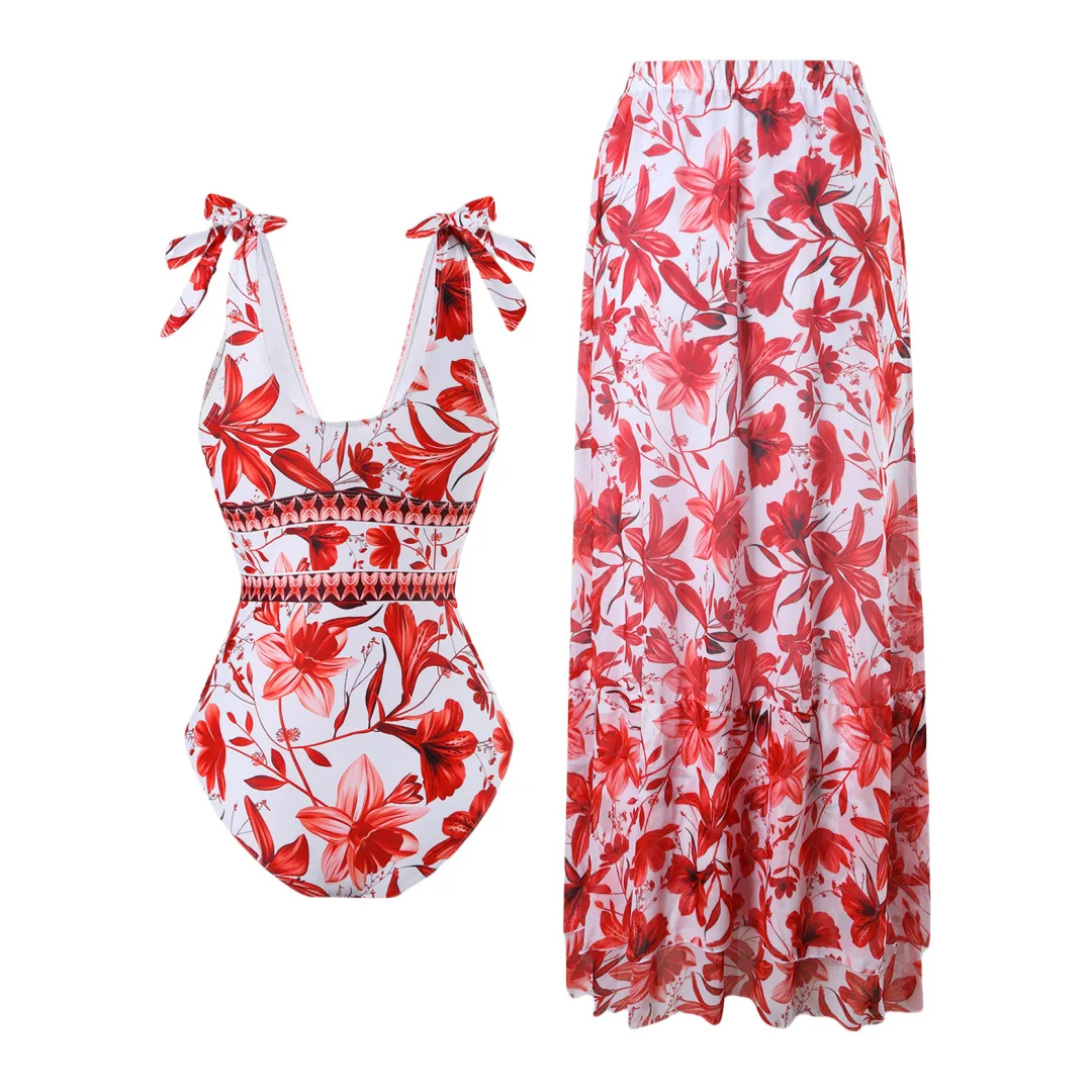 Summer Bohemian Style One Piece Swimsuit with Irregular Shoulder Straps Floral Print Beach Vacation Dress for Women