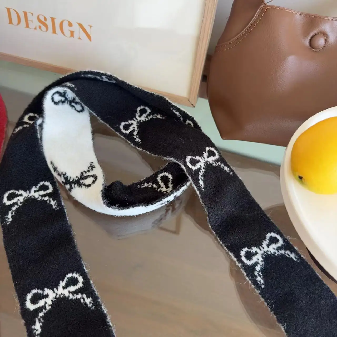 Korean Ins Double-sided Bow-tied Thin Scarf Winter New Warm Versatile Decorative Narrow Version Red Knitted Scarf