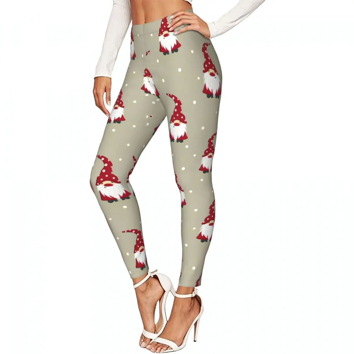 Casual Ladies Slim Leggings Christmas Gnomes Design Elastic High Waist Sports Daily Wear Trousers