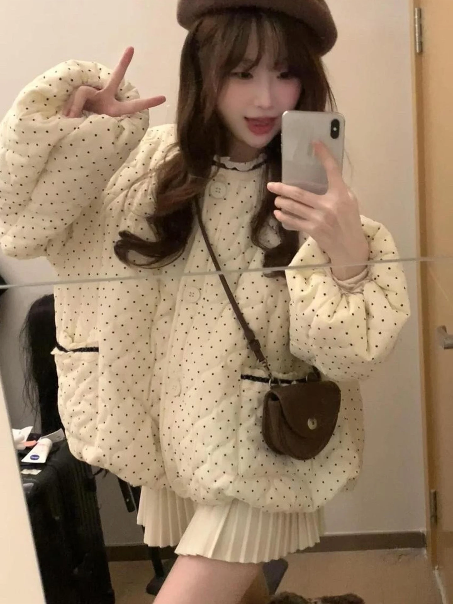 Korean Style Fufu Corduroy Polka Dot Thickened Cotton Coat Women Winter Warm Cold Proof Bread Style Outerwear Long Sleeve rou...