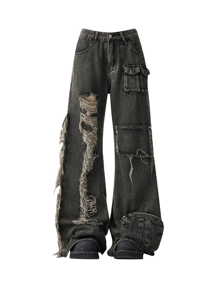 

Black Ripped Cargo Pants Jeans Women Retro Loose Straight Leg Duty Frayed Multi Pocket Loose Trousers Fashionable Streetwear