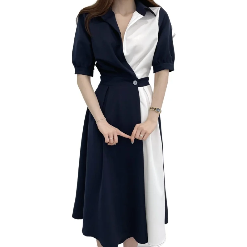 Spring Autumn Fashion Womens Dresses Korean Single Button Mid Long Dress for Women Vintage Women Clothing Bomjamba Short Sleeves