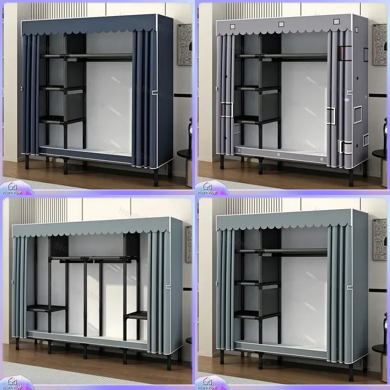 Simple Wardrobe Steel Frame Thickened Pipe Assembled Cloth Cabinet Strong Durable Bedroom Storage Organizer for Rental Room