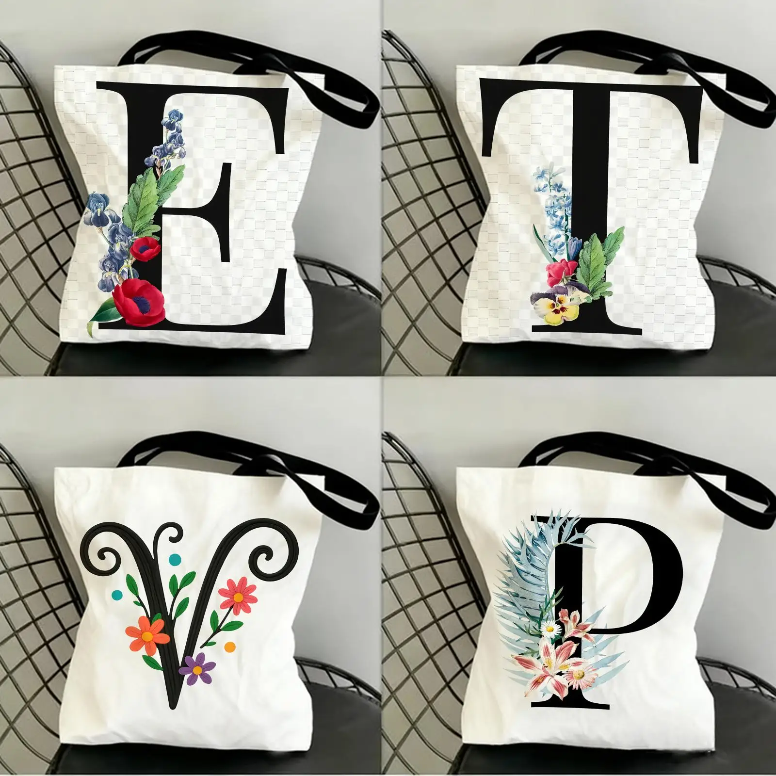 Flower Letter Design Storage Bags Canvas Double-Sided Print Fashion Shoulder Tote Shopping Bag Gift Eco Handbags