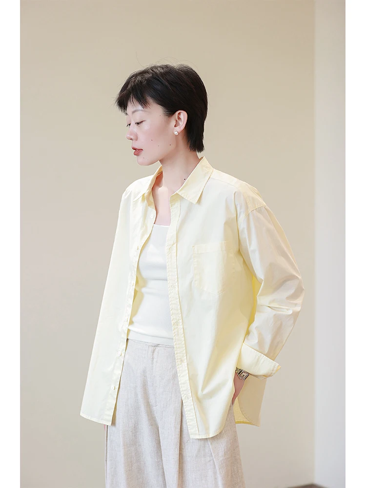 

Anti-Aging Light Yellow Long Sve Cotton irt Women's Sle Simple Loose Fit Button Detail Breathable Comfortable Cotton S...