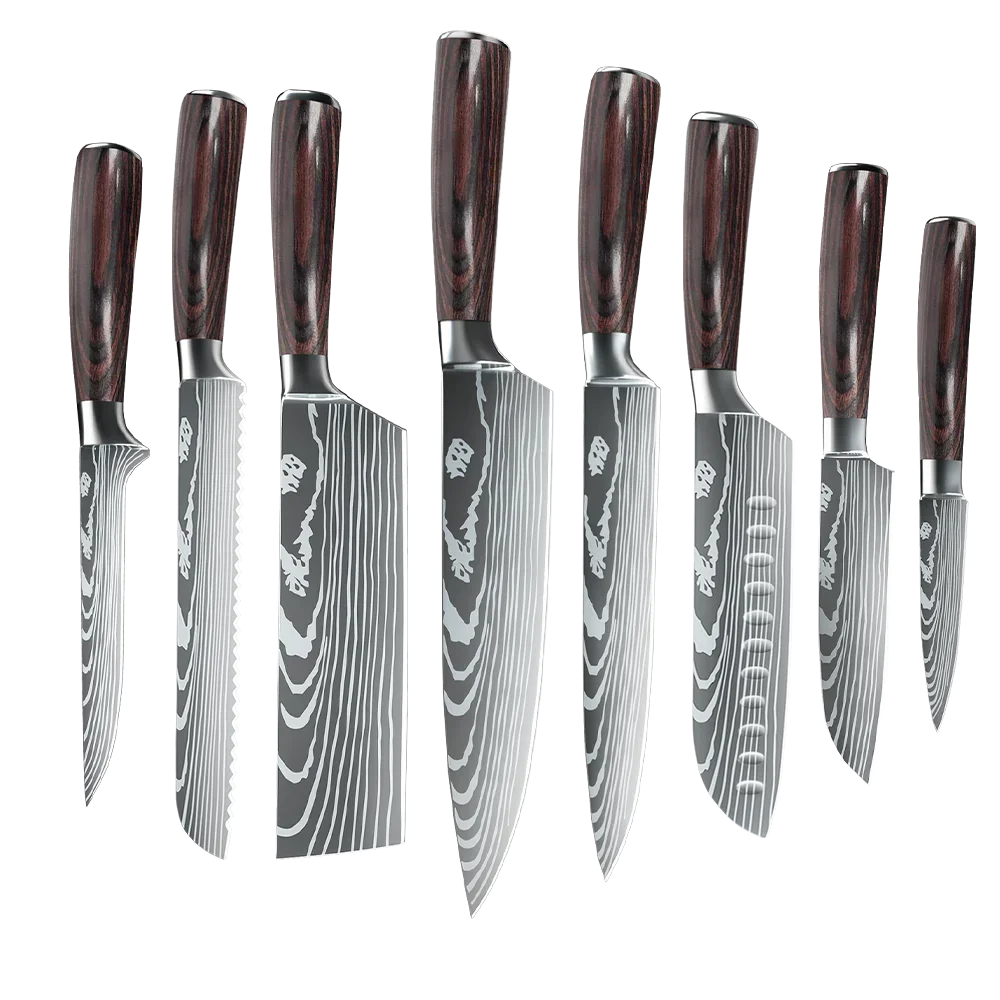 8 PCS Kitchen Knives Set Stainless Steel 7CR17 440C Laser Damascus Japanese Santoku Cleaver Slicing Utility Chef Knife