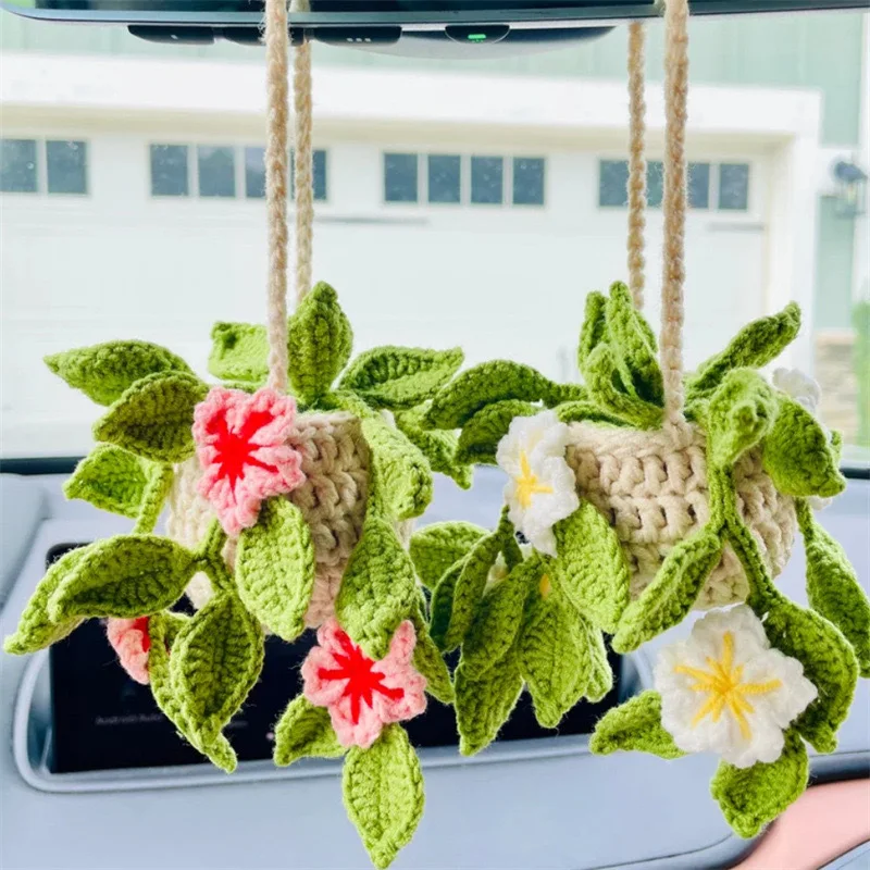 

Crochet Hanging Plant for Car Aesthetic Rear View Mirror Ornament Cute Handmade Knitted Boho Accessories Gift for Plant Lovers